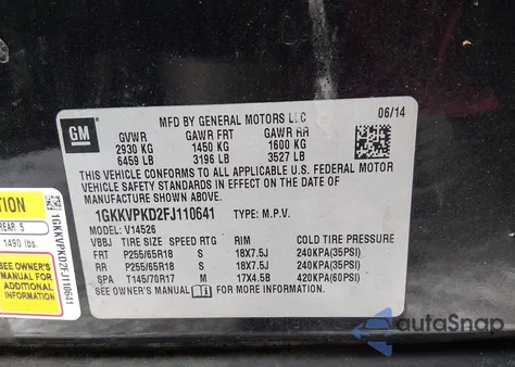 2015 GMC Acadia Sle-2 from USA, damaged, VIN 1GKKVPKD2FJ110641
